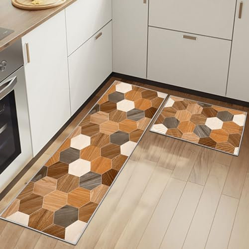 Küchenteppiche Rutschfestes Küchenmatten 2 Stück, Waschbar Küche Bodenmatte Küchenmatten Set Mit Schiebeaufkleber,Komfort Pflegeleicht Für Küche Staubdicht Fußmatte (Geometrisch C, 43x75+43x150cm)