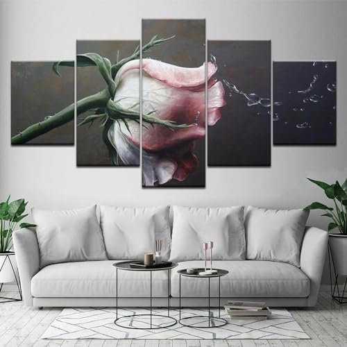 WAGYU Kunstdrucke 5 Teilig Bilder Leinwand,leinwandbilder 5 teilig wohnzimmer dekoration,5 Teilig Wanddekoration Rosa Rosen-Blumen,Bild Bilder auf Leinwand 5 teilig Poster,wandbild xxl 100x55cm