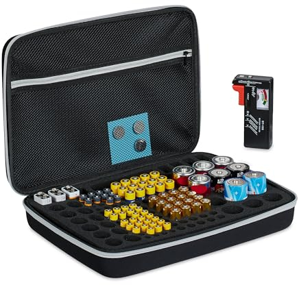 Relaxdays Custodia Porta Batterie Stilo con Tester, 134 Pile AA, AAA, C, D e 9V, Valigetta Organizer Portabatterie, Nero, Nylon, 24 x 34 x 8 cm