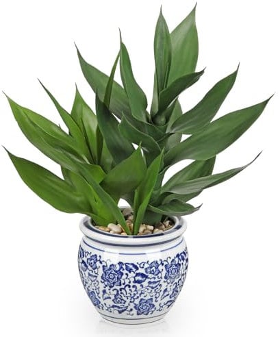Arborus Plante de bambou artificielle porte-bonheur d'intérieur dans un pot en céramique de 31,8 cm - Petite plante artificielle en bambou bleu et blanc - Pot de fleurs en bambou artificiel pour la