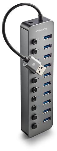 NGS IHUB 10 - Hub USB 3.0 con 10 Puertos, Interruptores Independientes, Alta Velocidad 5 Gbps, Compatible con PC y Mac, Incluye Adaptador de Corriente 12V/4A, Diseño Compacto y Portátil