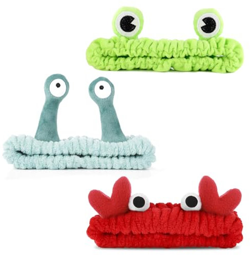 3 Stück Spa-Stirnband, Gesichtswasch Haarband Gesichts Make-up Kopfband Hautpflege Kopfwickel Cartoon-Design Elastisches Stirnband Süßer Frosch Schnecke Krabbe Haar Accessoires für Dusche Schönheit
