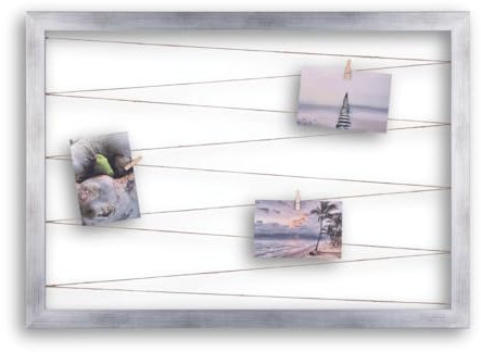 CLAMARO 'Collage Line' Fotohalter 75x55 cm | Silber gebürstet | Querformat Bilderrahmen mit Fotoleine aus Juteband und Holzklammern | Ideal als Fotocollage Galerie, Fotowand oder Fotorahmen