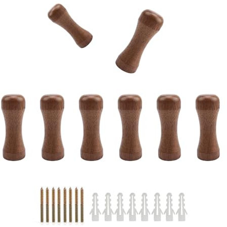 HJIAMA 8 Stück Kleiderhaken Holz, Schwarznussbaum Holzhaken, Fein Poliert, mit Doppelseitigen Schrauben Expansionsrohr, Wandhaken Holz für Schlafzimmer, Wohnzimmer Balkone