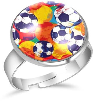 PAFEFO Verstellbares Ring-Set aus Edelstahl für Damen und Herren, handbemalt, bunt, Fußball-Ringe für Teenager, Liebesgedenken, 16 mm, Edelstahl Aus Edelstahl Kristallglas, Kein Edelstein