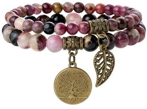 Farfume Chakra Armbänder für Frauen - Kristalle Armband Frauen natürliche Edelsteine Yoga Reiki - Ein Set von Doppel-Armbänder(Regenbogen-Turmalin & Lebensbaum(Mittel)