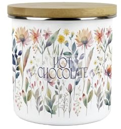 Purely Home Pastel Flowers Hot Chocolate Storage Canister - Pretty Watercolour Floral Homewares Gifts - White Metal Enamel Medium Sized Kitchen Food/Drinks Storage Container