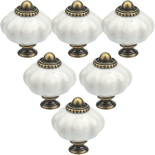 Roellgs 12 Pack Ceramic Door Knobs, Pumpkin Ceramic Knobs Vintage Cupboard Knobs with Mounting Screws, Antique Wardrobe Pull Handles Kitchen Cabinet Knobs for Dresser (White)