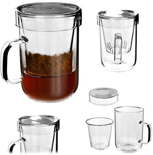 KADAX Teeglas mit Sieb und Deckel, 420ml, Teetasse aus Glas, Teebecher für losen Tee, Tasse mit Teesieb und Henkel, Glastasse mit Siebeinsatz, Teezubehör