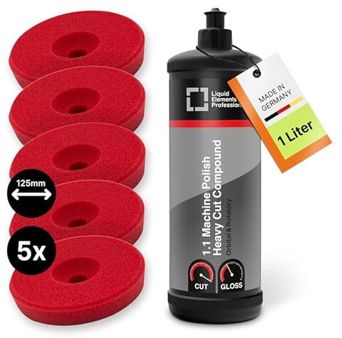 Liquid Elements - Auto Politur Set Heavy Cut Compound 1L - Autopolitur Set mit 5x 125mm Polierschwamm Centriforce V2 – Lackaufbereitung Komplettset ideal für alle Poliermaschinen
