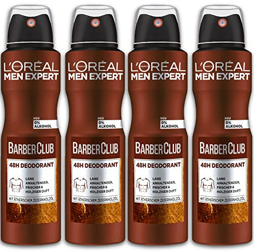 4 er Pack L’Oréal Paris men expert Deospray Barber Club Antitranspirant mit holzigem Duft 4 x150 ml