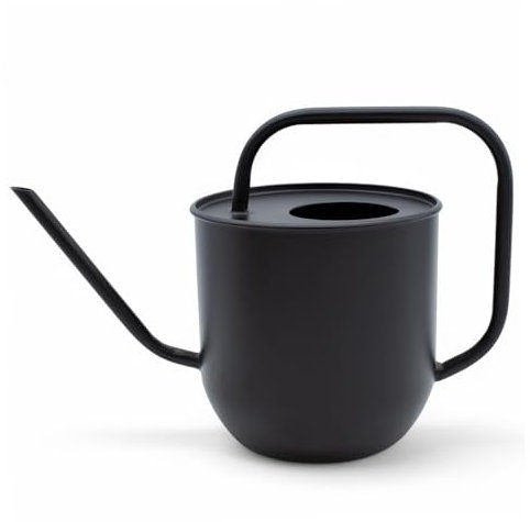 Regadera con diseño de flores de metal, color negro mate, 1,8 l, regadera con boquilla larga, elegante