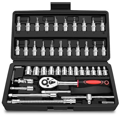 46 Piece 1/4 Drive Socket Wrench Driver Bits Metric Set Flexible Extension Rods with 72 Teeth Reversible Ratchet Spanner