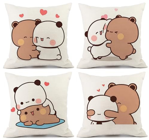 YOKUSHI Bubu und Dudu Bears Dekokissenbezüge aus Leinen, doppelseitig, dekorativ, Couch-Kissenbezüge mit unsichtbarem Reißverschluss, Wohnzimmer, Sofa, Dekoration, 45,7 x 45,7 cm, 4 Stück (B)