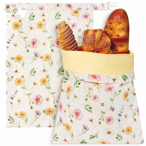 GROBRO7 2 Stück Bienenwachs-Brotbeutel Set, Wiederverwendbare Brottüten | Lagerung von Sauerteig hausgemachtes Brot Obst Gemüse Baumwollfutter für Natürliche Frischhalte Küchen Zubehör, Rosa Blüten