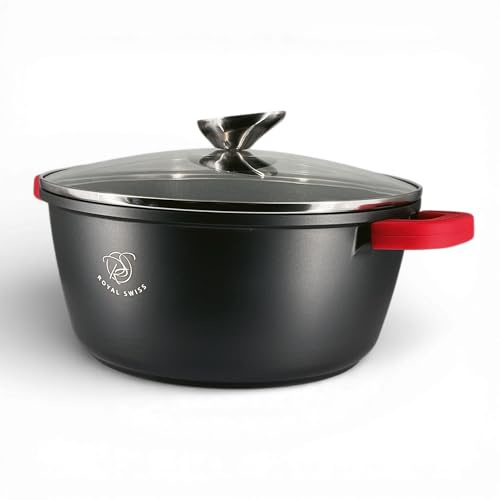 Royal Swiss Kochtopf 28cm 6 liter Schwarz, Aluguss Kasserolle mit Marmorbeschichtung, Glasdeckel mit Dampfauslass, Abnehmbare Silikongriffe, Induktion Gas Elektro Keramik, Backofenfest Ohne Griffe