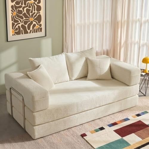 YINIX Cordstoff Schlafsofa 200cm, 5-in-1 Faltbares 3-Sitzer Bodensofa mit Metallrahmen, Modulares Gästebett aus hochdichtem Schaumstoff, Keine Montage (Creme, 200cm)