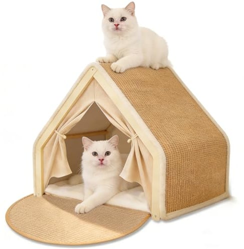 Arbre à chat de Noël - Maison pour chat d'intérieur 2 en 1 - Carton et sisal - Griffoir pour deux chats - Refuge pour chat (beige, L)