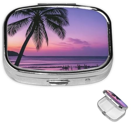 Pilulier à 2 compartiments pour poche ou sac à main - Mini pilulier en métal - Palmier violet - Organiseur de médicaments portable de voyage pour contenir des suppléments et des vitamines
