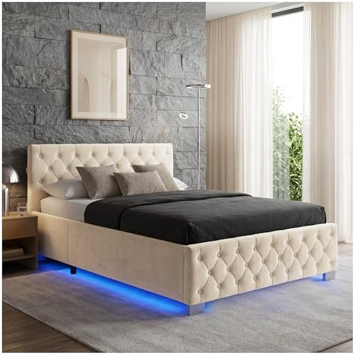 tectake® Polsterbett, 120x200cm, mit LED Beleuchtung, Fernbedienung, Bettkasten, Chesterfield, 200kg Belastbarkeit, Stauraumbett, Gasdruckfeder, Lattenrost, Schlafzimmerbett - Samtoptik Sand