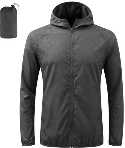 BSBUY Giacca Impermeabile Uomo Antipioggia, Leggera Impermeabile con Cappuccio e Tasche, Vento Pieghevole Trekking Giacca, Softshell Jacket con Custodia per Ciclismo Viaggio e Sport Outdoor(Grigio-M)