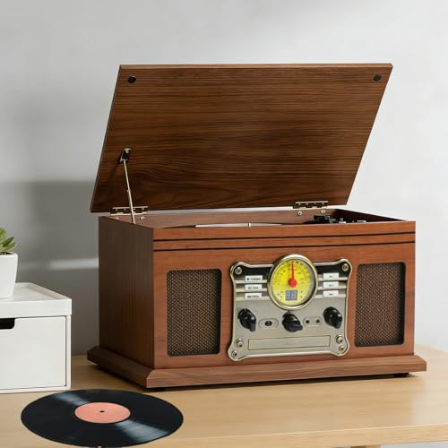 HCAUYNN Musikanlage mit Plattenspieler, 3-Gang-Plattenspieler, CD/MP3/Kassettenspieler, FM-Radio, Bluetooth-EIN- und -Ausgang sowie integrierten Stereolautsprechern