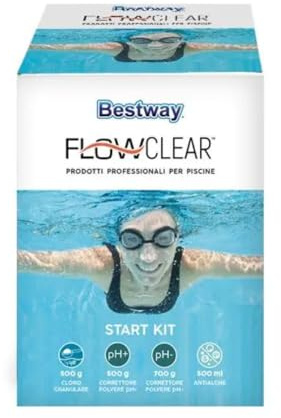 Bestway 59056 | Starter Kit con Cloro Granulare, Antialghe, Ph Meno, Ph Più (4 x 500 grammi) per Trattamento Iniziale Acqua di Piscina