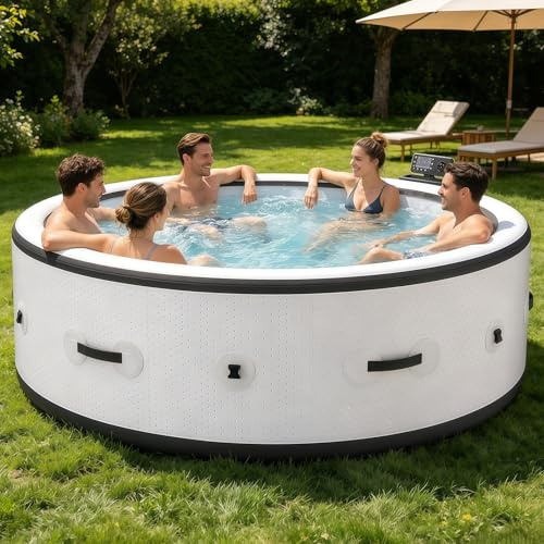 BANGBANGJI SPA Hidromasaje Portátil, Personal de Alta Presión de Burbujas para 4-6 Personas, Redondo 206x71cm, Calentamiento Rápido 104°F, con 150 Chorros para Patio Jardín y Exteriores