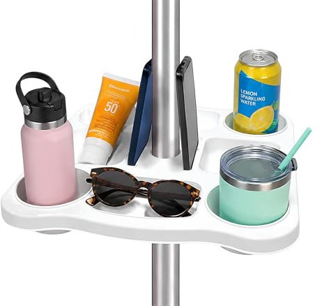 Tavolino Per Ombrellone Da Spiaggia Qualità Top 8 Scomparti E 2 Slot Per Smartphone 35x35 cm Portaoggetti Porta Bicchieri Bottiglie Con Morsetto Regolabile Ø22-40 mm Per Spiaggia Giardino Piscina
