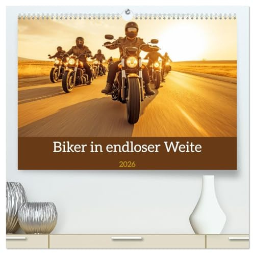 Biker in unendlicher Weite (hochwertiger Premium Wandkalender 2026 DIN A2 quer), Kunstdruck in Hochglanz: Motorradfahrer im Weitwinkelformat (CALVENDO Mobilitaet)