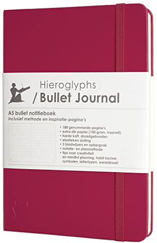 Bullet Journal/dotted notitieboek A5 - met Nederlandstalige methode - genummerde pagina’s, opbergvak, 3 leeswijzers, elastieken sluiting - van Hieroglyphs