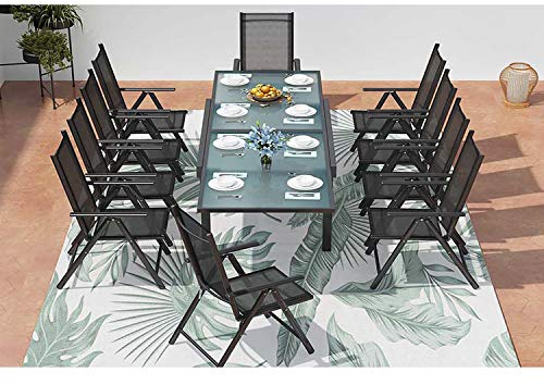 CONCEPT USINE - Salon de Jardin/d'Extérieur Aluminium - Table Extensible Rallonge coulissante + 10 Chaises Pliables et Inclinables - Gris - Design Brescia - Robuste Résiste à l'eau