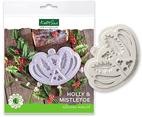 Flower Pro Holly & Mistletoe Silicone Mould for Christmas Cake Decorating & Crafts by Katy Sue. Makes 2 Sizes of Holly Leaf, Berries & 4 Mistletoe Leaves. Large Holly 56 x 25 Millimetres.