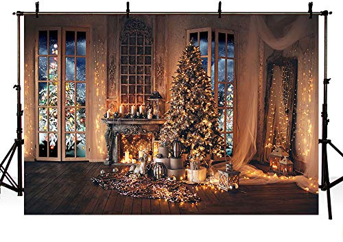 MEHOFOTO 7x5ft Christmas Tree String Lights Backdrops Fireplace Candle Gifts Window Photography Background Rustic Brown Wood Wall Winter Holiday Birthday Party Decoration Props Photo Banner