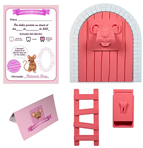 Myfuturshop® Ratoncito Pérez Puerta mágica, Caja para el Diente, Escalera, 4 certificados de Diente Limpio. Regalo Original para niño y niña. CORAL