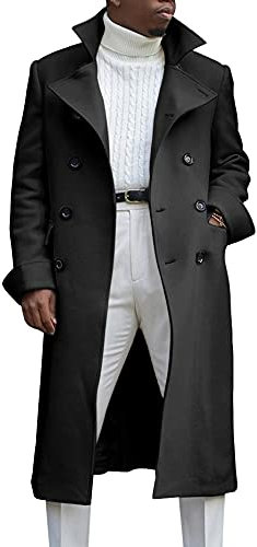 Ebifin Men's Notch Lapel Double Breasted Long Trench Coat Casual Cotton Blend Peacoat, Black, XXL