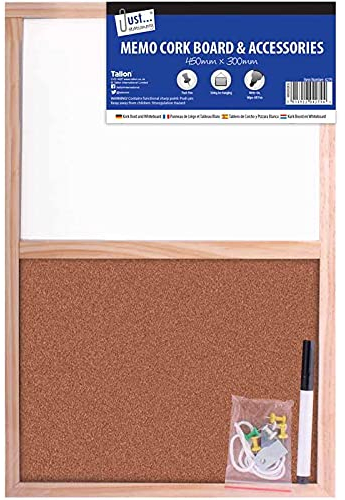 JMS we create smile - Wooden Whiteboard with String & Push Pins | Noticeboard for Home School Office (Split Cork/Dry Wipe Board, 450 x 300 mm)