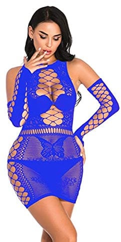 Bommi Fairy Women Lingerie Fishnet Set Chemise + Sleeve Babydolls Mini Dress Mesh Sleepwear Free Size UK 4-20 (Blue)