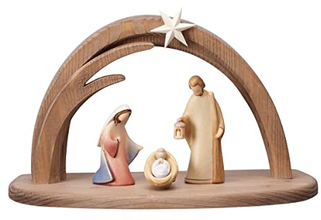 Set Krippe aus Holz, Heilige Moderne Familie, Krippe aus Holz mit Hütte im modernen Stil, geschaffen in Gröden, Bunte Version (Höhe Josef cm 10)