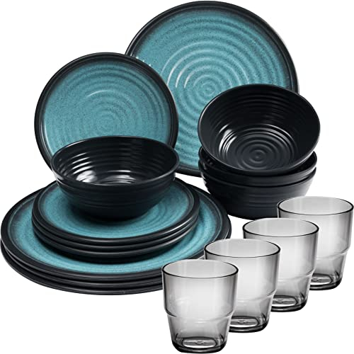 Camping Geschirr Set aus Melamin für 4 Personen - 16 Teile - mit Trinkgläsern - Campinggeschirr blau schwarz