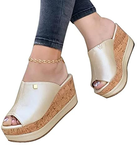 ORANDESIGNE Femme Sandales Compensees Sandale Plateforme Ete Espadrille Confort Bout Ouvert Femmes Compensees Plate à Boho à Bout Ouvert Mules Style Espadrilles Nu-Pieds Mode C Or 42 EU