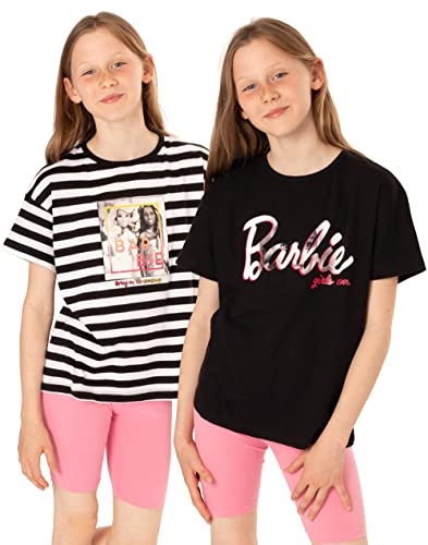 Barbie Girls T-Shirt 2 Pack for Kids, Logo and Striped Short Sleeve Cotton Tops Black