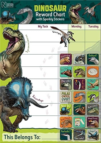 Paper Projects Natural History Museum Dinosaurs Reward Chart Includes 56 Sparkly Stickers, Chart is Wipe-Clean