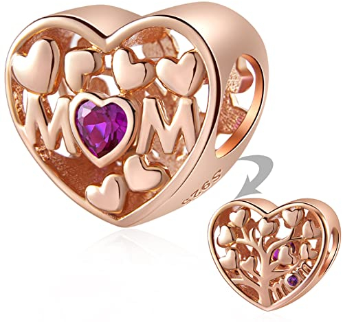 Rose Gold Mum Charm, Family Tree of Love Heart Mom Beads in 925 Sterling Silver, Family Roots Mummy Charms fit Pandora Mothers Day Bracelet, Mommy Gift for Nana/Auntie/Cousin/Niece