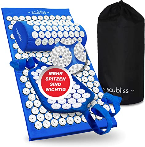 Acubliss Akupressurmatte und -kissen – Akupressur Set mit Gurt – Gegen Nacken- und Rückenschmerzen – Akupressurmatte mit Kissen und Gurt für Mehr Energie und Entspannung – Mit Beutel – Deep Blue