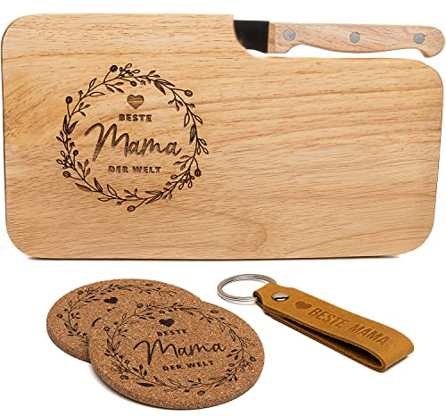 kupi Muttertagsgeschenke für Mama | Muttertagsgeschenk Geschenkset Beste Mama Geschenke | Muttertag Brotzeitbrett Holz | Frühstücksbrettchen mit Gravur