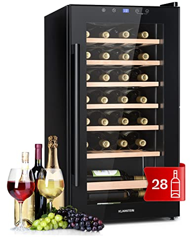 Klarstein Cave a Vin, Réfrigérateur à Vin avec Porte en Verre, Cave à Vin de Vieillissement, Zone Unique, Prosecco, Bière, Ecran Tactile, Réfrigérateur Bar, Frigo, Protection UV, 4-18°C, 28 Bouteilles