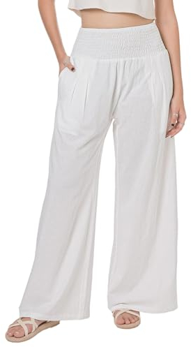Lofbaz Damen Sommer Fließend Baumwolle Leinen Palazzo Weite Hosen Strand Hohe Taille Hose Boho Lange Loungehose mit Taschen Weiß XL