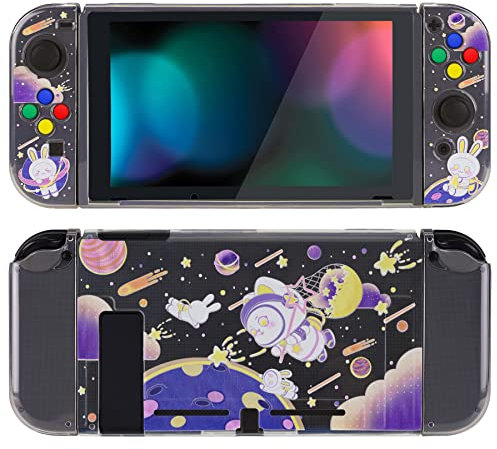 PlayVital Cover Protettiva Custodia per Nintendo Switch Copertura Morbida TPU Case per NS Switch Joycon Console con Copri Tasti ABXY Direzionali Colorati-Avventura del Gatto Spaziale