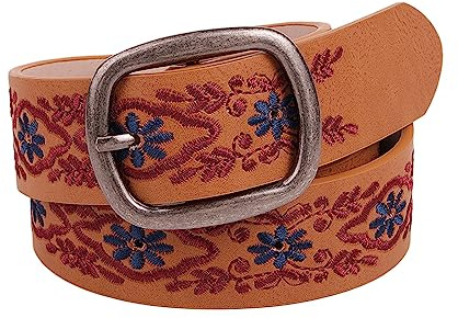 EFLAL 95–115cm Vintage-Damen-Ethno-Ledergürtel mit Blumenstickerei, eckige Dornschließe, lässiger Bund, Braun